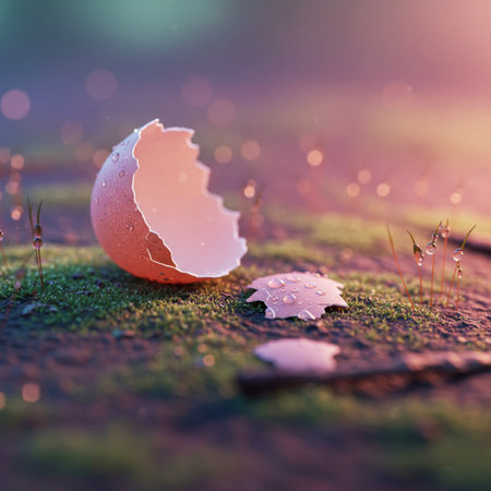 Broken egg on the ground with dew drops in the morningの素材