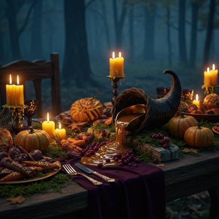 Halloween table setting with pumpkins, candlesticks and candles in dark forestの素材