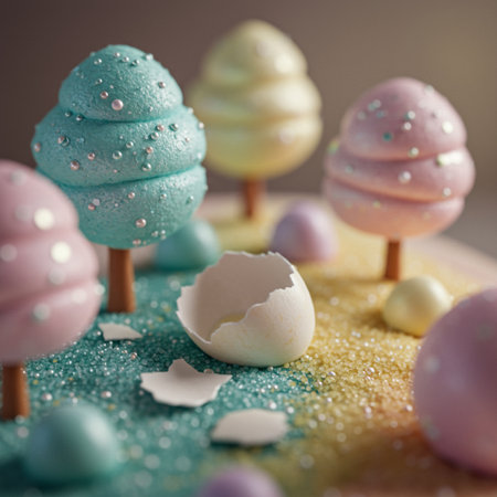 close up of easter cake with eggshell and marshmallowsの素材