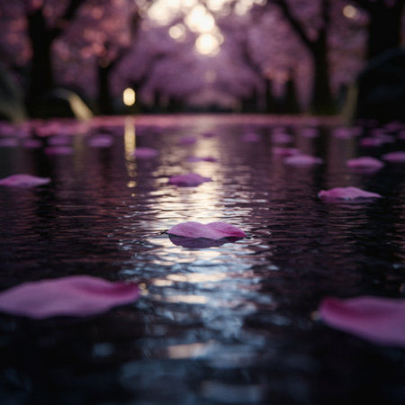 Pink cherry blossom petals floating in a pool of water.の素材