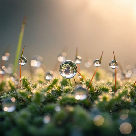 Water drops on green moss with bokeh background, nature conceptの素材