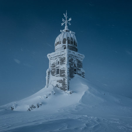 Snowy bell tower on top of a mountain in winter. Toned.の素材