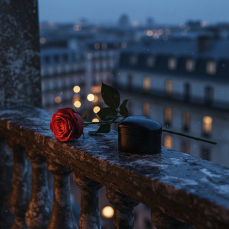 Red rose on a balcony in Paris, France. Valentine's day concept.の素材