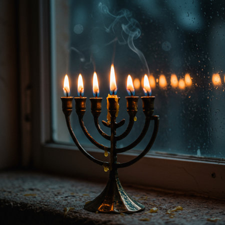 Menorah with burning candles on the background of the window at nightの素材