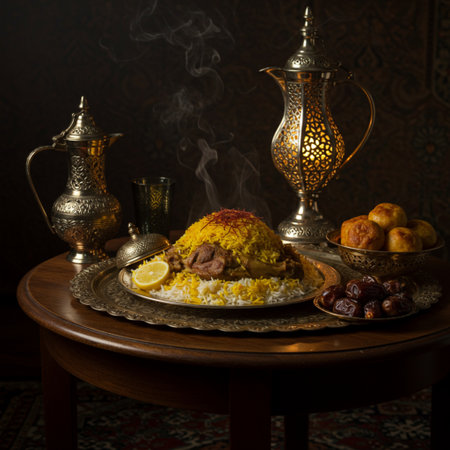 Traditional oriental pilaf with dates and arabic tea setの素材