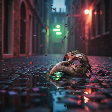 Mardi Gras mask in the city at night. 3d rendering.の素材