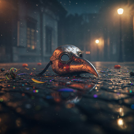 Carnival mask on the cobblestone road in foggy nightの素材