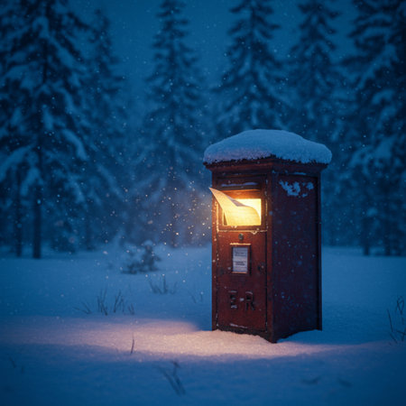 Vintage postbox in snowy forest at night. Retro style.の素材