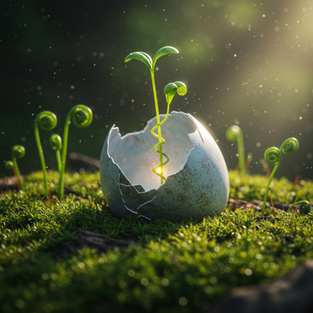 Green seedling growing out of cracked eggshell on green moss with sunlightの素材
