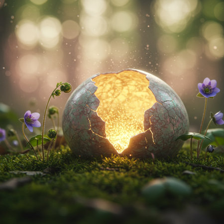 Glowing Earth globe with spring flowers in the forest. 3D renderingの素材