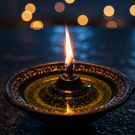 Close up of burning diya on dark background with bokehの素材