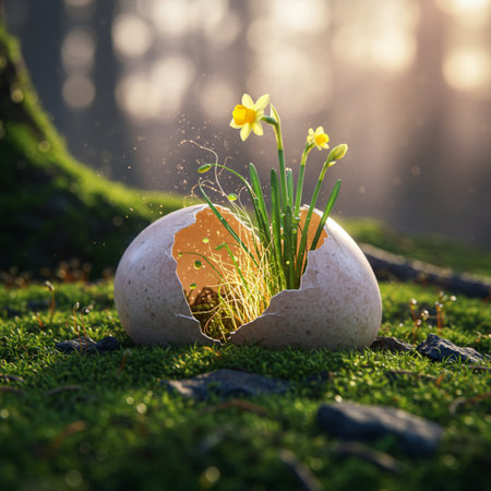 Easter egg with narcissus flower in green moss. Nature backgroundの素材