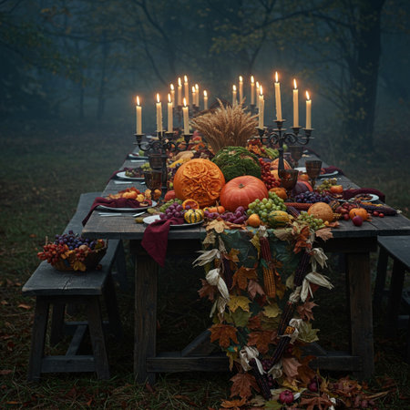 Autumn table setting with pumpkins, apples, grapes and candlesの素材