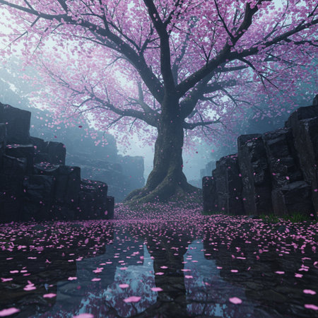 3D rendering of a fantasy landscape with a stone wall and cherry blossomsの素材
