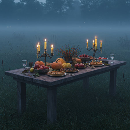 Autumn table with pumpkins, apples and candlesticks in the fogの素材