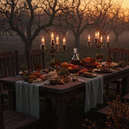 Halloween table setting with candles, pumpkins, candlesticks and applesの素材