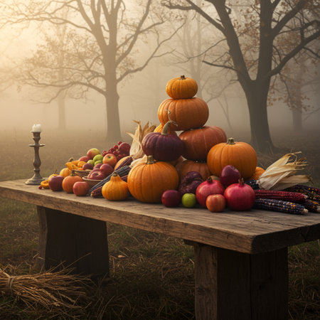 Autumn still life with pumpkins, apples and corn on a wooden tableの素材