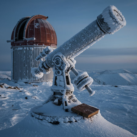 Telescope on top of a mountain in winter. Toned.の素材