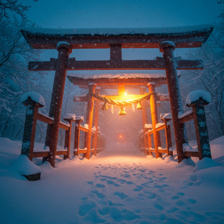 Japanese traditional gate during snowfall in the winter forest, Japan.の素材