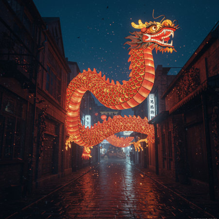 Chinese dragon on the street at night, 3d rendering. Computer digital drawing.の素材