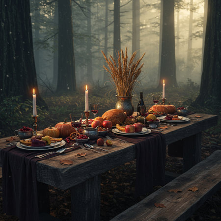 Autumn table setting with pumpkins, apples and candles in the forestの素材