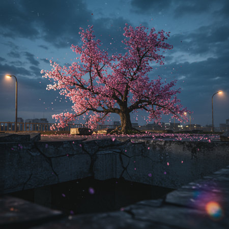 Cherry blossom tree in the city at night, Sakura season.の素材