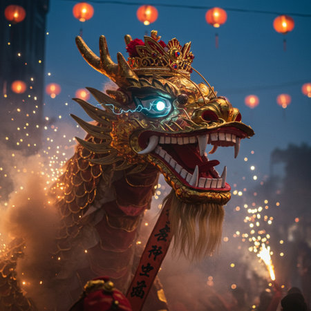 Dragon dance performance at the chinese lunar new year,, Luannan County, Hebei Province, Chinaの素材