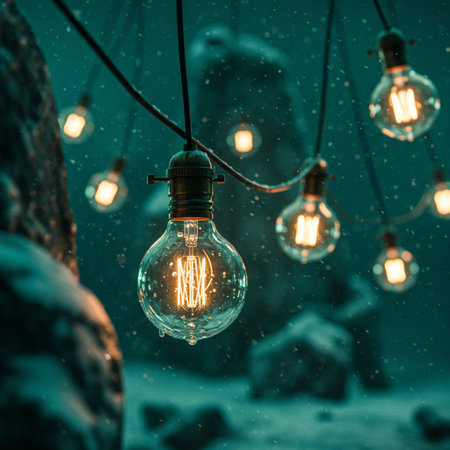 Vintage light bulb glowing in the dark with snow and rocks in the backgroundの素材