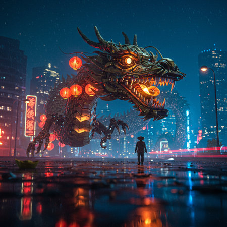 Dragon statue in the city at night, Chinese New Year concept.の素材