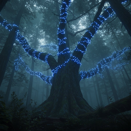 Fantasy forest with led lights in the fog. 3d renderingの素材