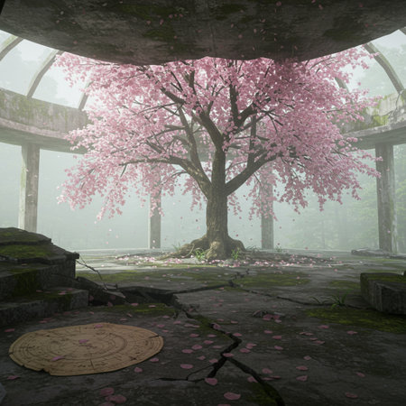 Cherry blossoms in a foggy spring garden, 3d renderの素材