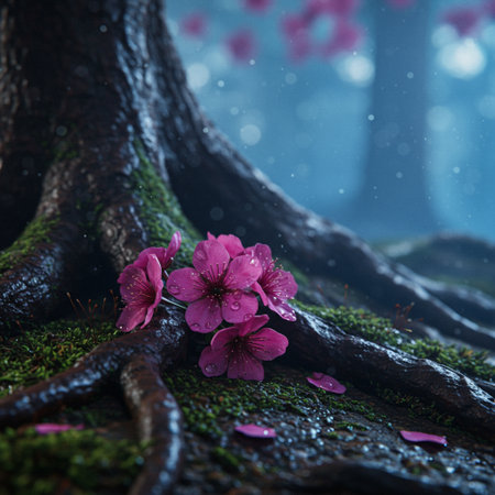 Cherry blossoms in the rain forest, 3D illustration.の素材
