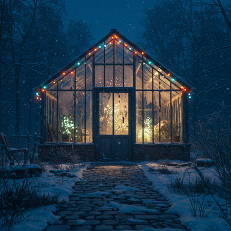Wooden house in the forest at night with garland lights.の素材
