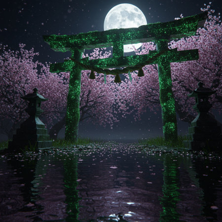Cherry blossoms in full moon light. 3D rendering.の素材
