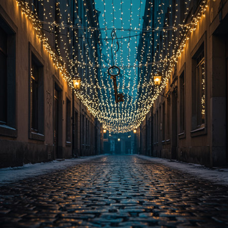 Christmas lights on the street of the old town of Riga, Latviaの素材