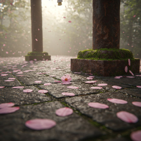 Cherry blossoms on the ground in a foggy forest.の素材