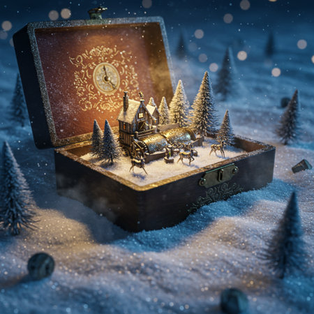 Christmas background with wooden houses in the snow. 3D illustration.の素材