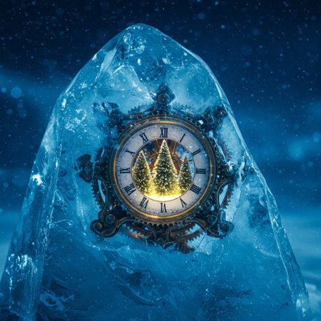 New Year's clock on the background of a frozen mountain landscape.の素材