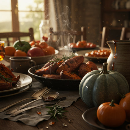 Pumpkin and sausages on a rustic wooden tableの素材