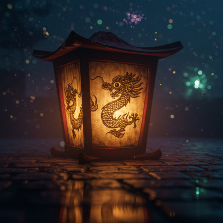 Lantern with dragon symbol on the background of the night cityの素材