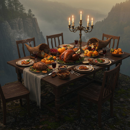 Thanksgiving dinner with roasted turkey, pumpkin and other food on wooden tableの素材