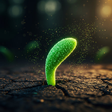 Green plant sprout growing out of cracked ground. 3D renderingの素材