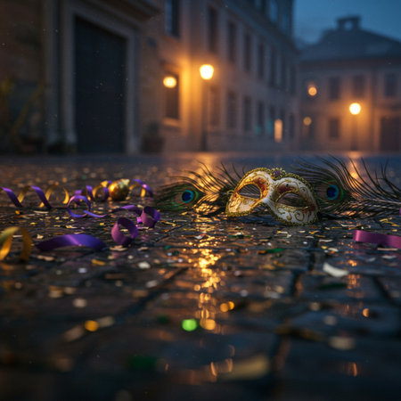 Venetian carnival masks on cobblestone street at nightの素材