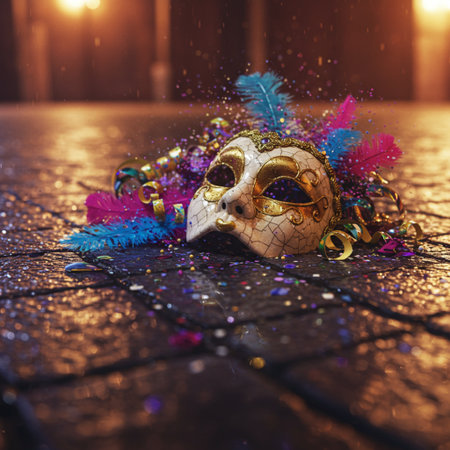 Carnival mask with feathers and beads on the floor at nightの素材