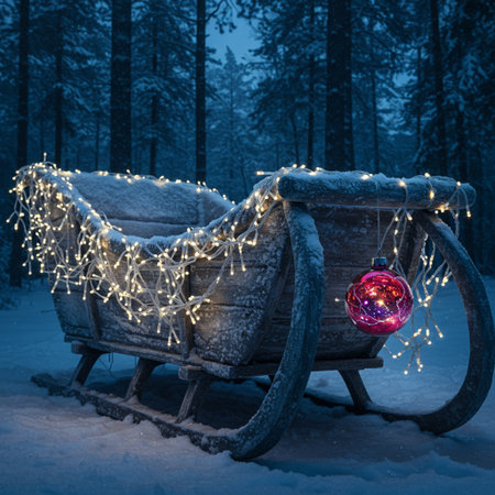 Christmas decoration in a sleigh in a winter forest at night.の素材