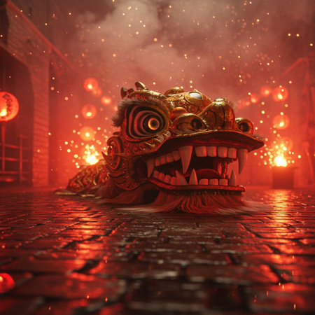 3D rendering of a Chinese dragon in a city street at nightの素材