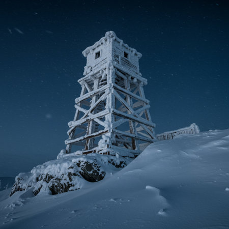 A vertical shot of a tower on the top of a snowy mountainの素材