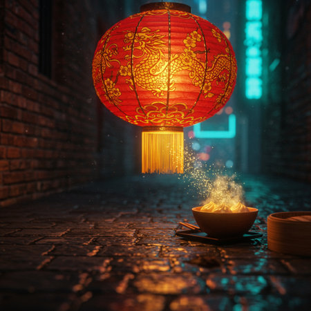 Chinese lanterns and tea in the night, 3d rendering.の素材