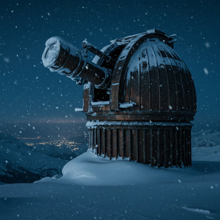 Observatory on the top of the mountain at night in winterの素材