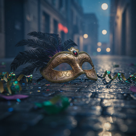 Carnival mask with feathers on the cobblestone street at nightの素材